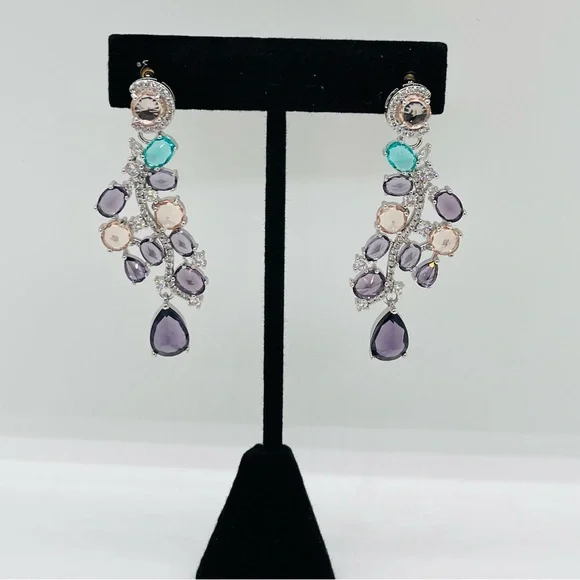 Cubic Zirconia Purple Green Drop Stud Earrings - Picture 2 of 8